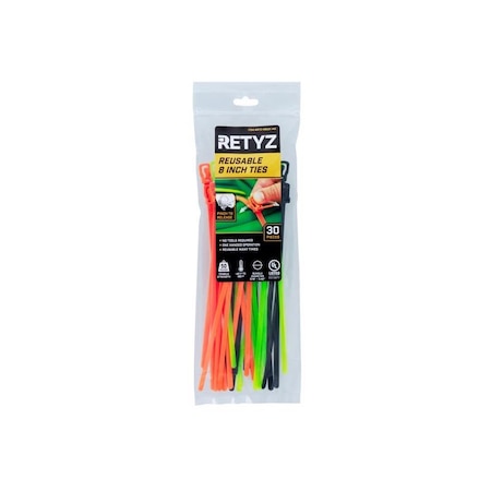 Retyz Cable Tie Assortment, 8 in L, 2.16 in Max Bundle Dia., Black, Fluorescent Green, Fluorescent Orange RTZ-MBA01-MA